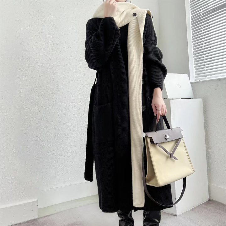 Damen Eleganter langer Mantel mit Gürtel und kontrastierenden Ärmeln Drune