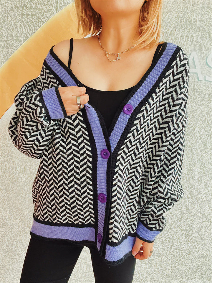 Damen Übergroße Strickjacke mit auffälligem Zickzackmuster und bunten Knöpfen Drune