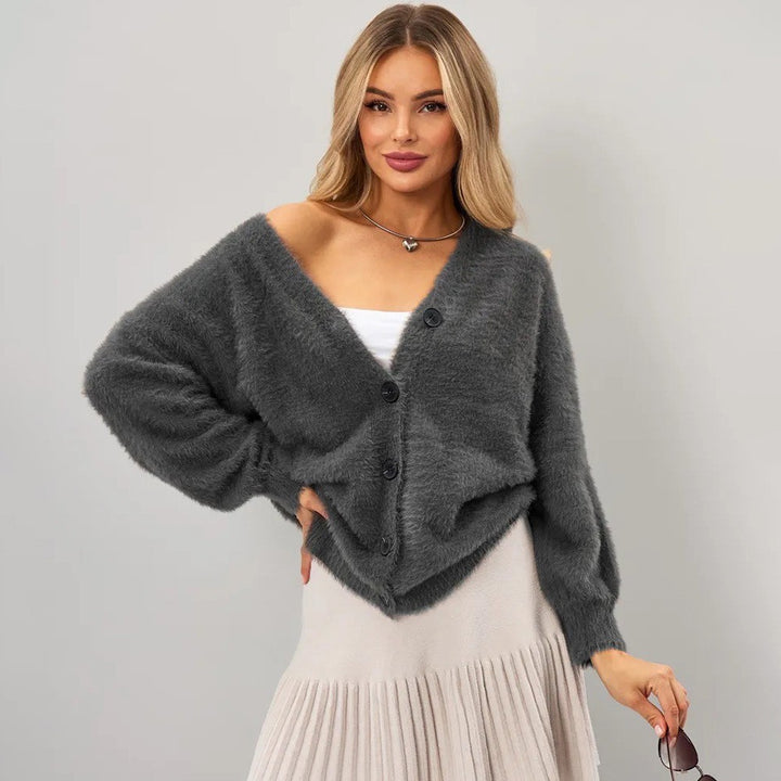 Damen kuschelige Strickjacke mit asymmetrischem Schnitt und Knopfverschluss Drune