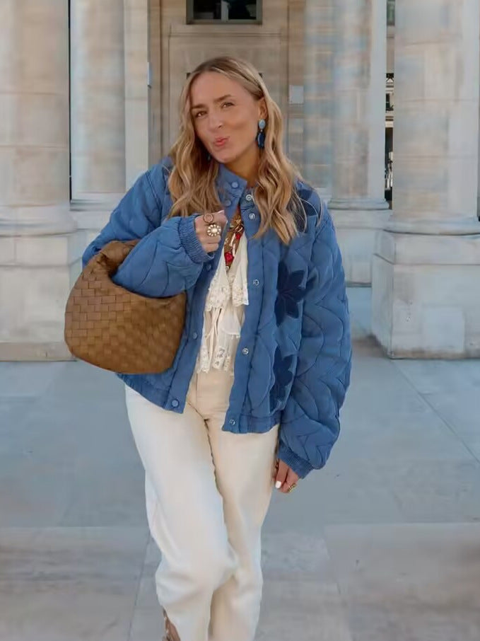 Damen gesteppte Übergangsjacke mit floralem Stickdesign Drune