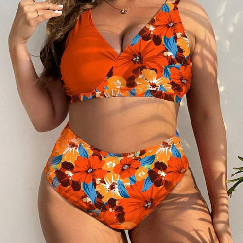 Damen Hochgeschnittener Bikini mit Wickeldesign und floralem Muster Drune