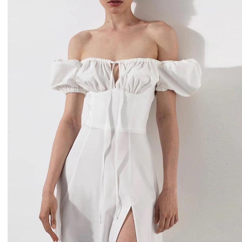 Damen Maxikleid mit schulterfreier Silhouette und raffinierten Puffärmeln Drune