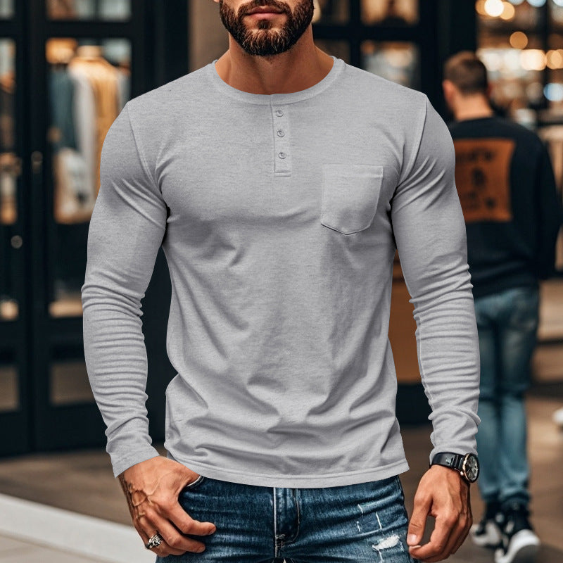 Herren nan figurbetontes Henley-Langarmshirt mit Brusttasche und feinem Stretchjersey Drune