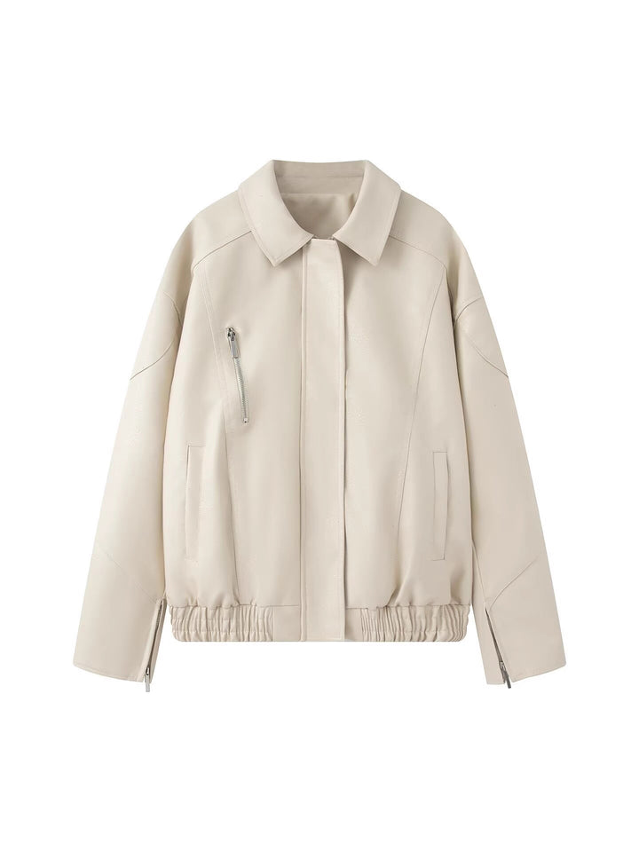 Damen modische Kunstlederjacke mit modernem Stehkragen und elastischem Saum Drune