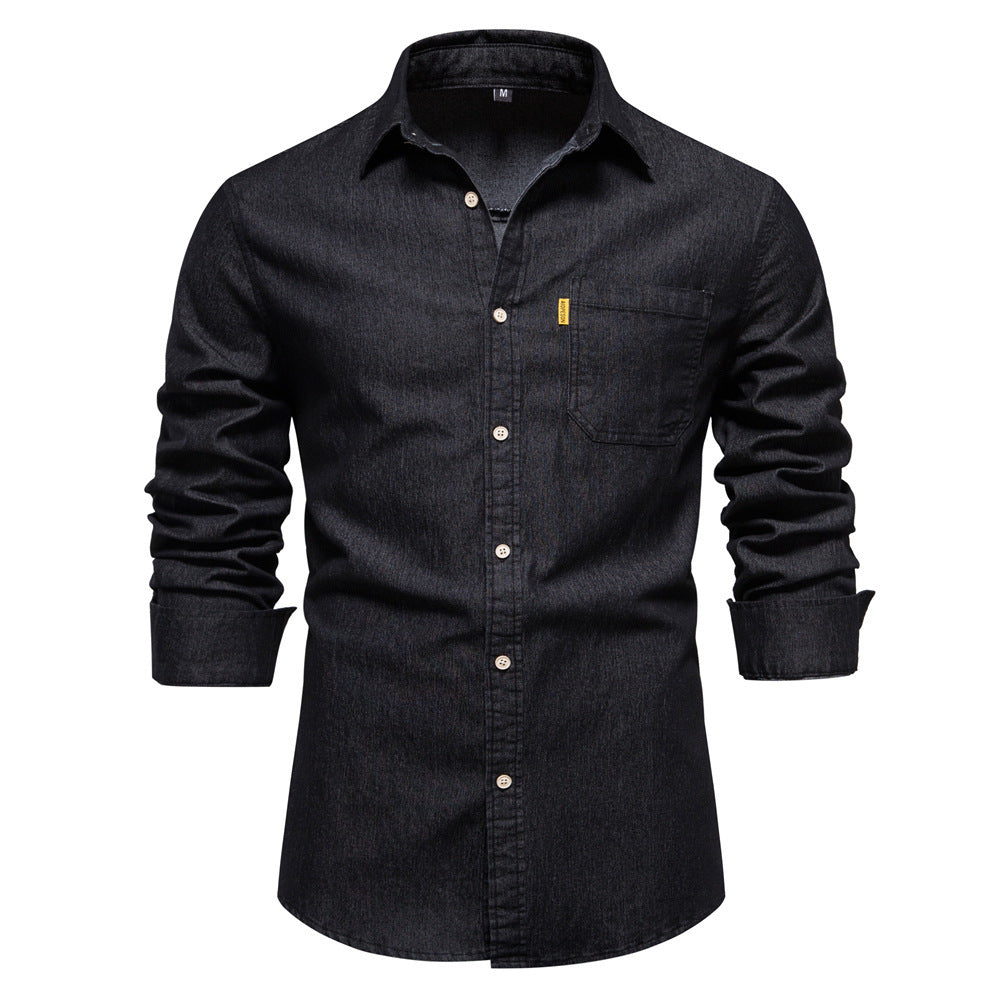 Herren nan schmal geschnittenes Denim-Hemd mit Kentkragen und aufgesetzten Brusttaschen Drune