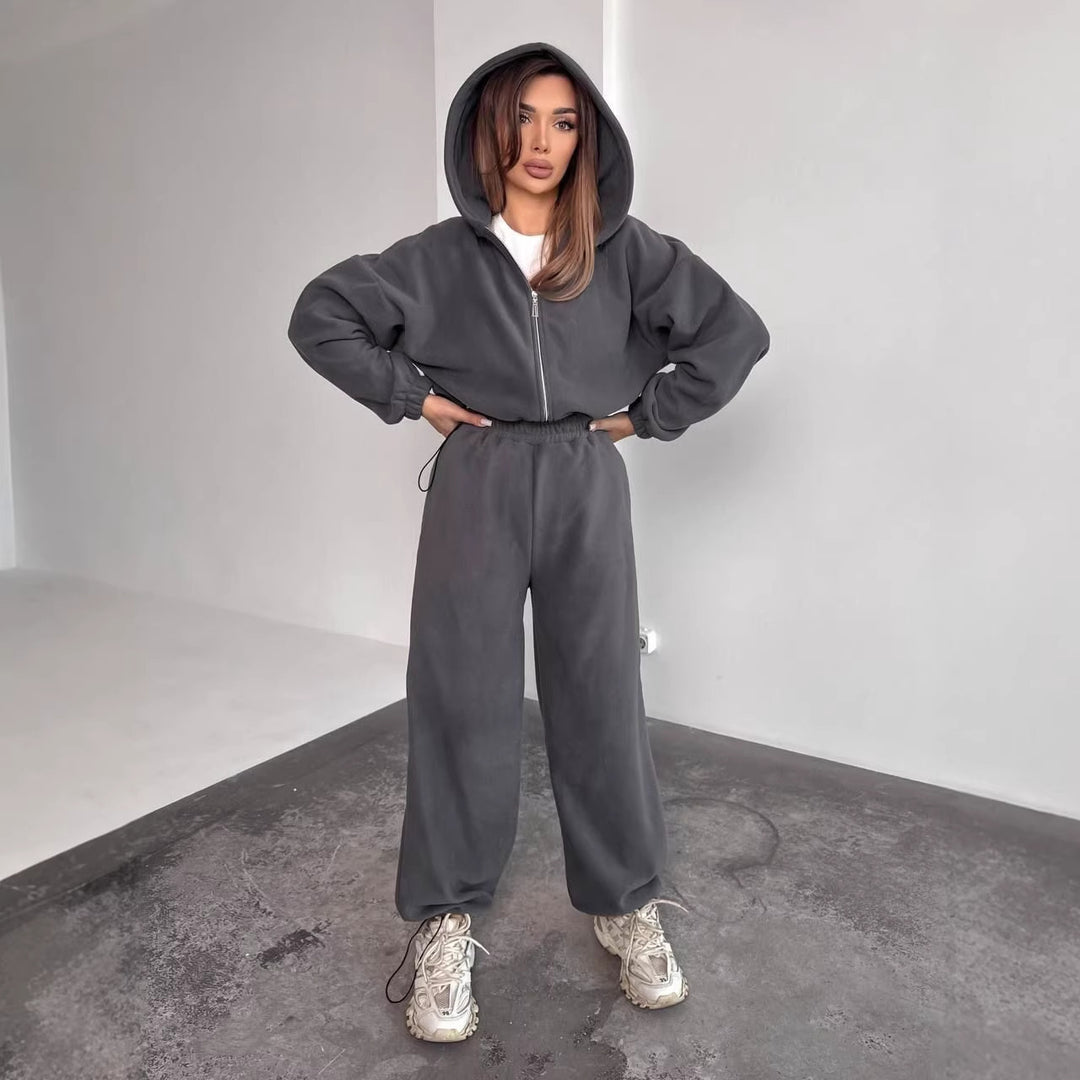 Damen Oversized Fleece-Jogginganzug mit Kapuze und weiten Beinen Drune