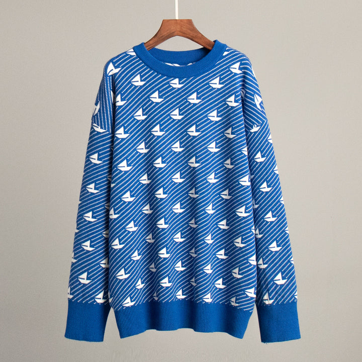 Damen Gemusterter Oversized Pullover aus hochwertiger Baumwolle Drune
