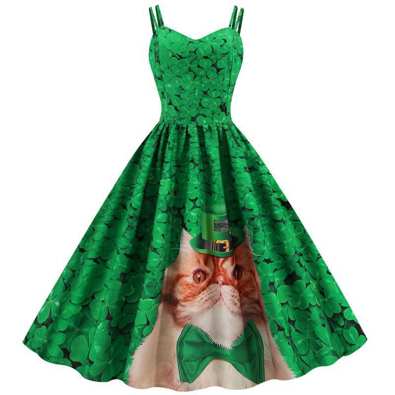 Damen A-Linien Kleid mit tierischem Motiv und verzierten Trägern Drune