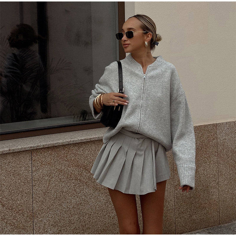 Damen lässige Strickjacke mit hohem Kragen und Reißverschluss Drune