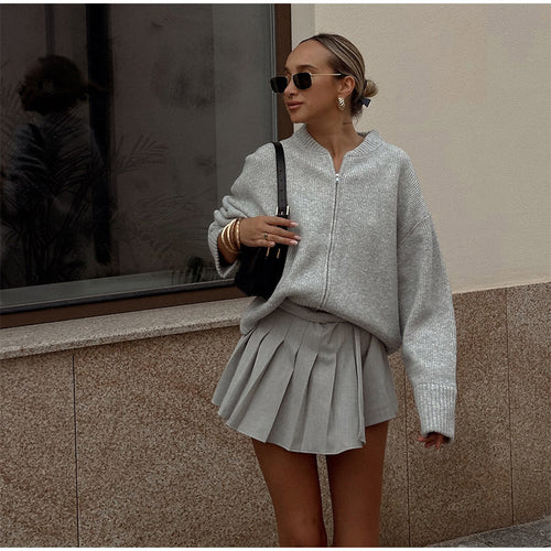 Damen lässige Strickjacke mit hohem Kragen und Reißverschluss Drune