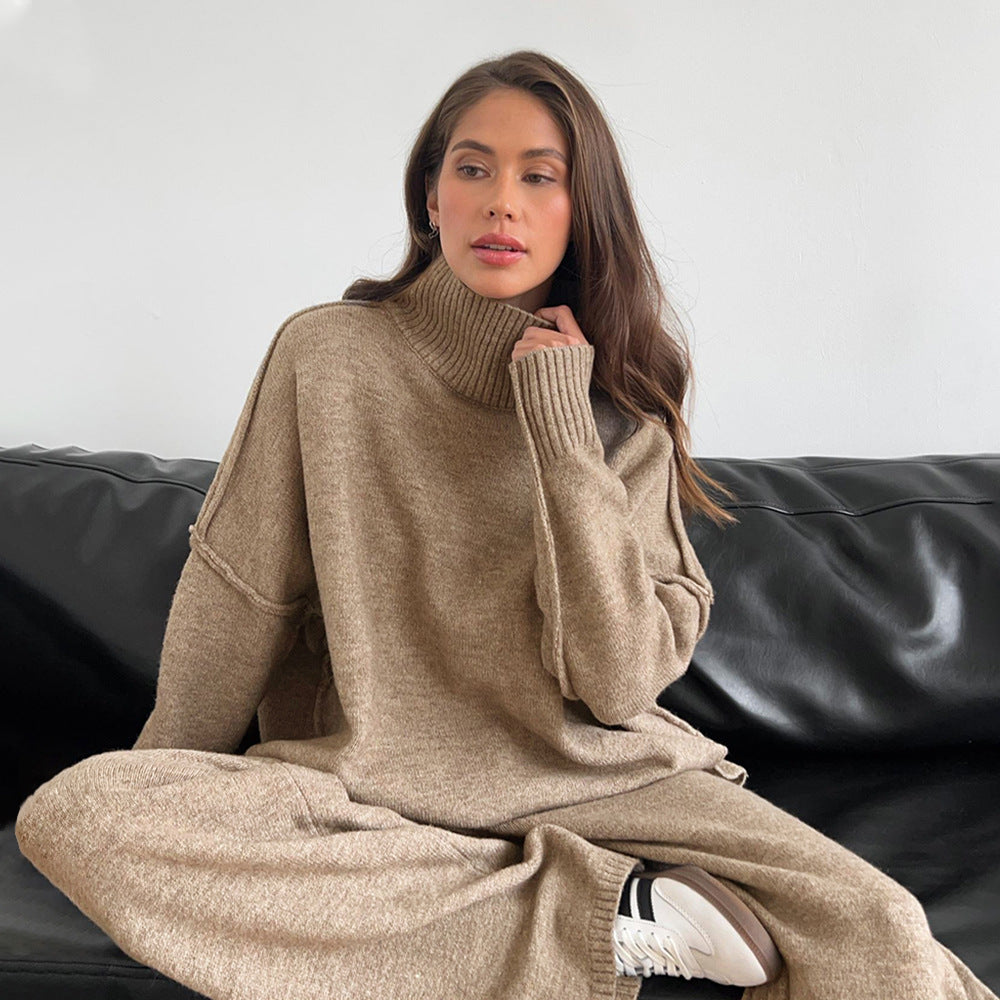 Damen Lässiger Strickanzug mit hohem Kragen und weitem Bein Drune