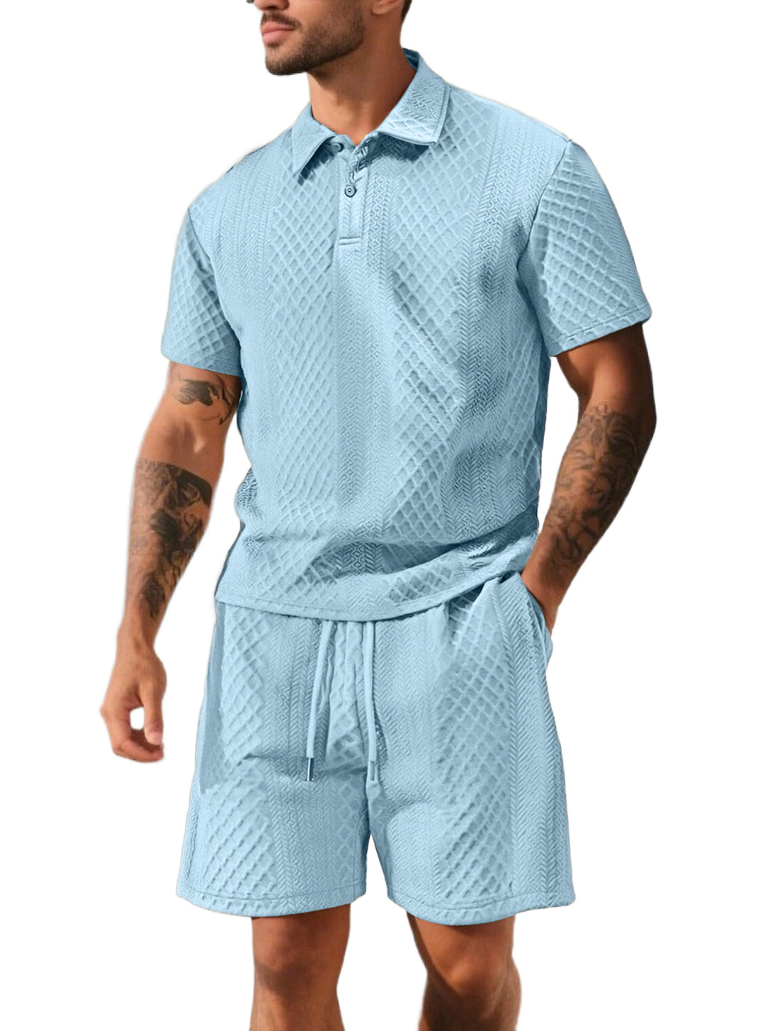 Herren nan strukturiertes Poloshirt- und Bermudashorts-Set aus gesteppter Baumwollmischung Drune