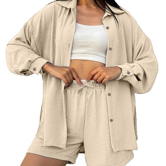 Damen lässiger Overshirt-Set mit elastischem Bund und weit geschnittenen Shorts Drune