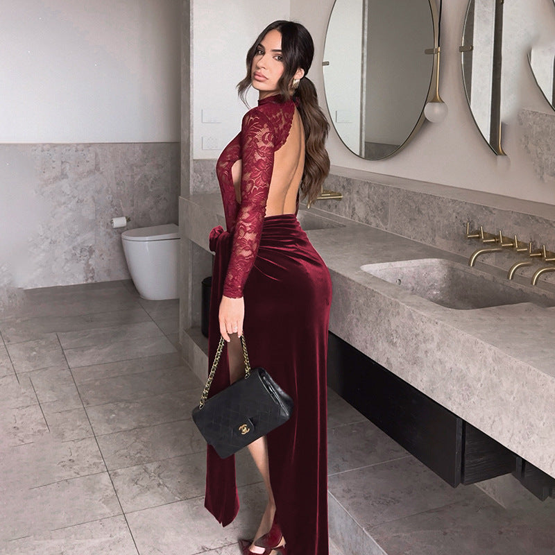 Damen Elegantes Spitzen- und Samt-Abendkleid mit hohem Schlitz und dekorativem Gürtel Drune