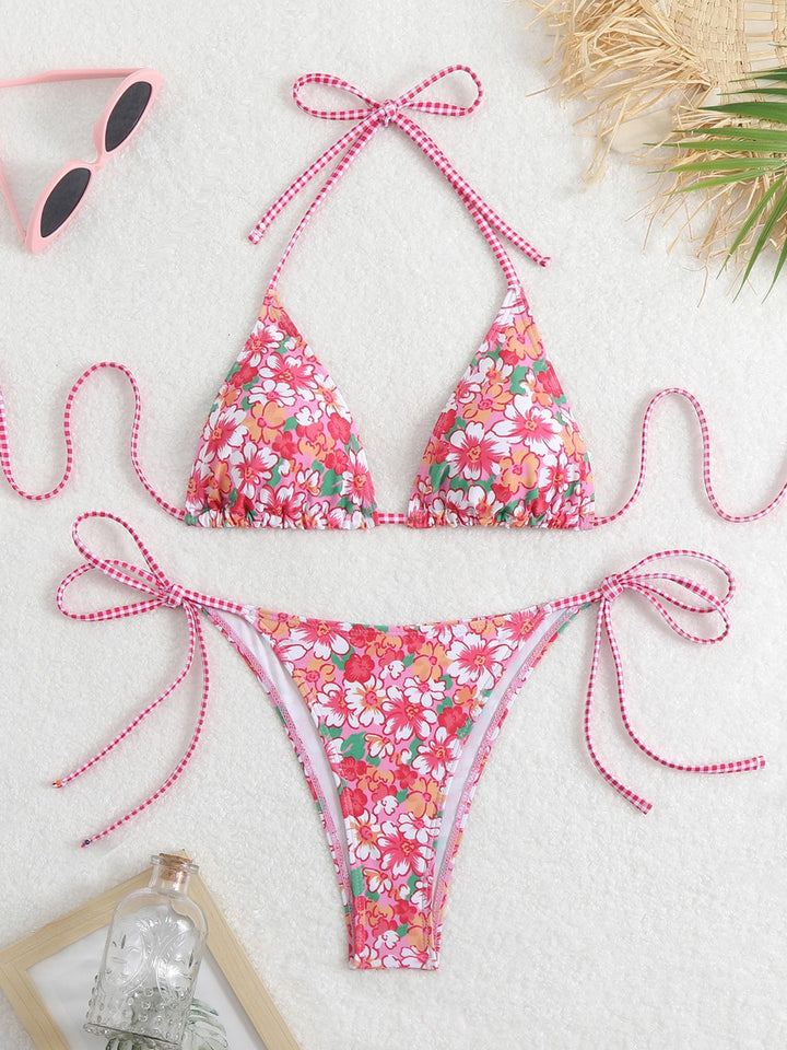 Damen Triangel-Bikini-Set mit verspieltem Blumenmuster und feinen Bindebändern Drune