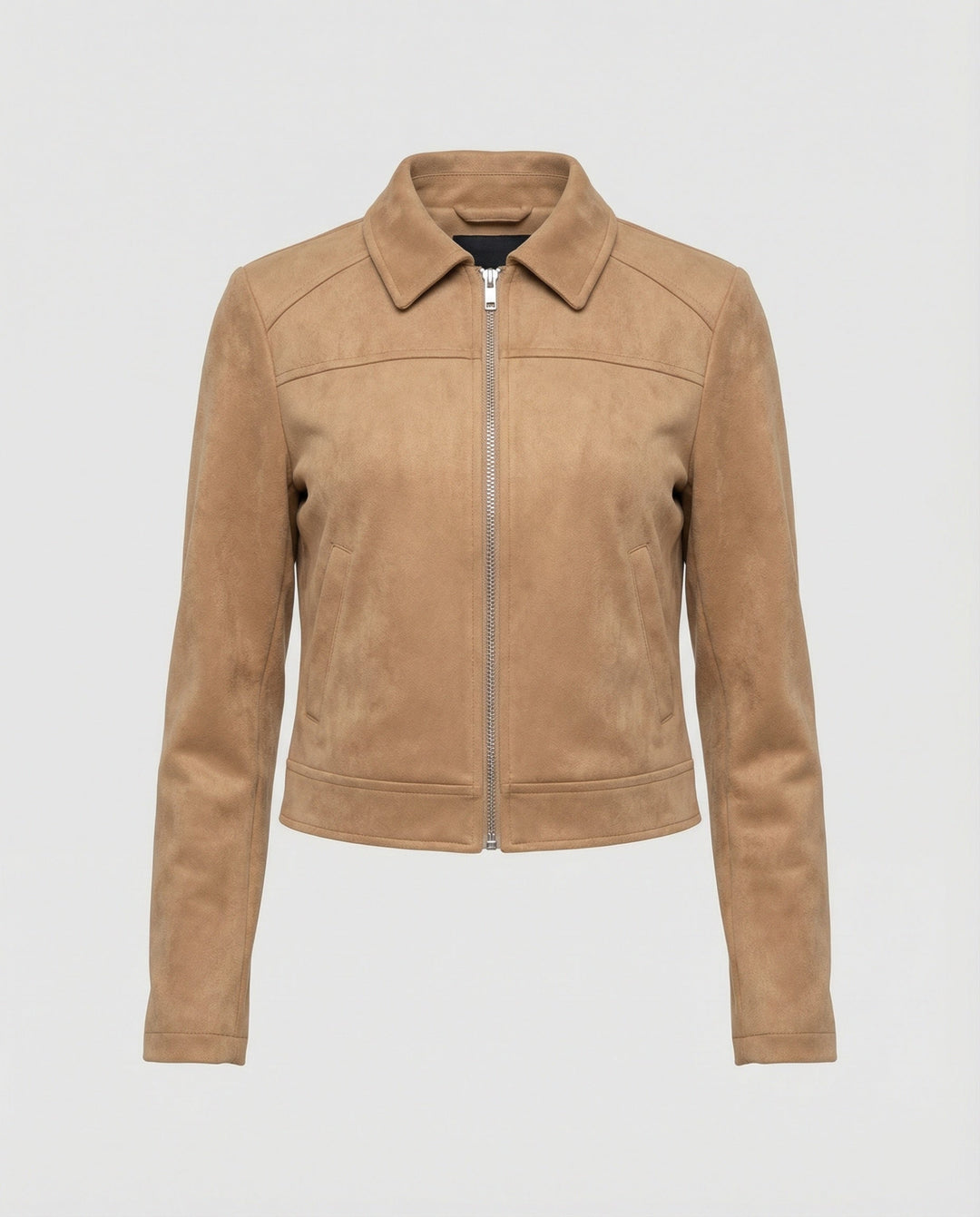 Damen Bekleidungsgeschäft kurz geschnittene Reißverschlussjacke mit Hemdkragen und taillierter Silhouette aus Wildlederimitat Drune