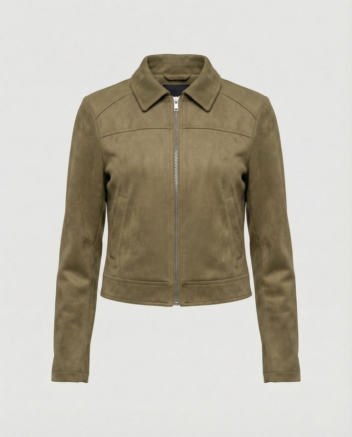 Damen Bekleidungsgeschäft kurz geschnittene Reißverschlussjacke mit Hemdkragen und taillierter Silhouette aus Wildlederimitat Drune
