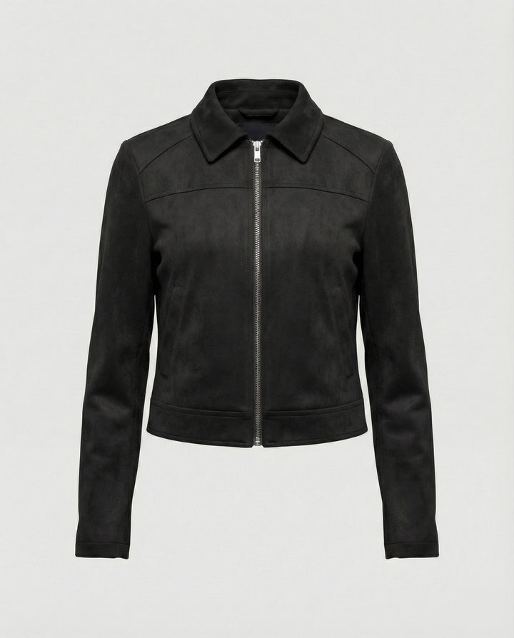 Damen Bekleidungsgeschäft kurz geschnittene Reißverschlussjacke mit Hemdkragen und taillierter Silhouette aus Wildlederimitat Drune
