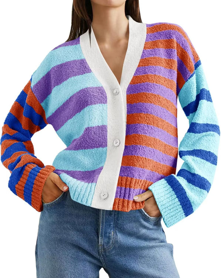 Damen Gemusterte Strickjacke mit farbenfrohem Streifenmuster und Knopfdetails Drune