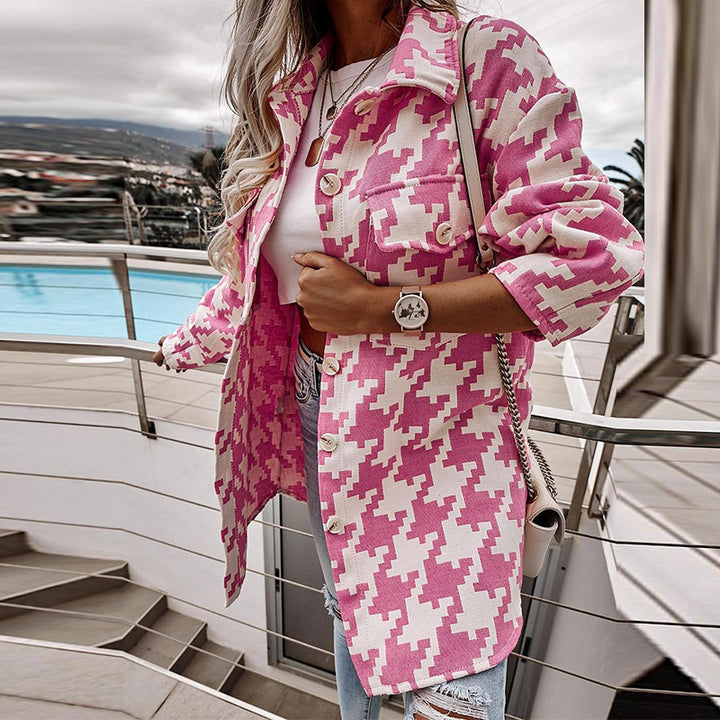 Damen Oversized Jacke im modernen Hahnentrittmuster mit praktischen Taschen Drune