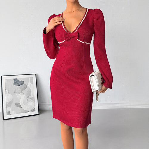 Damen figurbetontes Kleid mit eleganter Schleife Drune