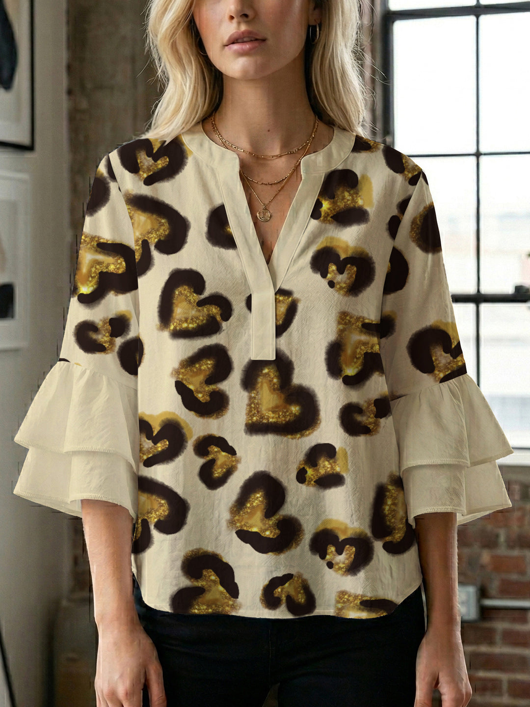 Damen Bluse mit voluminösen Rüschenärmeln und modernem Motiv Drune