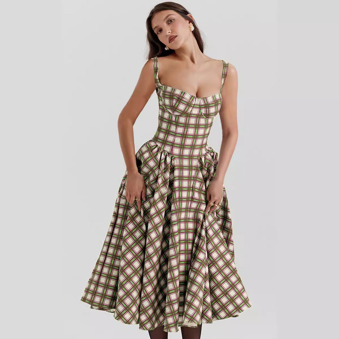 Damen Midikleid im Karomuster mit strukturiertem Oberteil und voluminösem Rock Drune