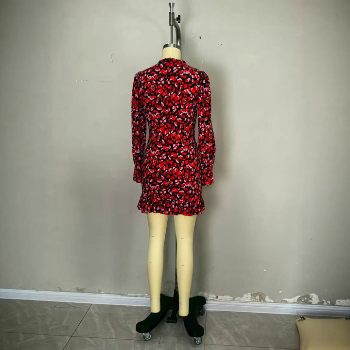 Damen elegantes Mini-Kleid mit Rüschendetails und hohem Kragen Drune