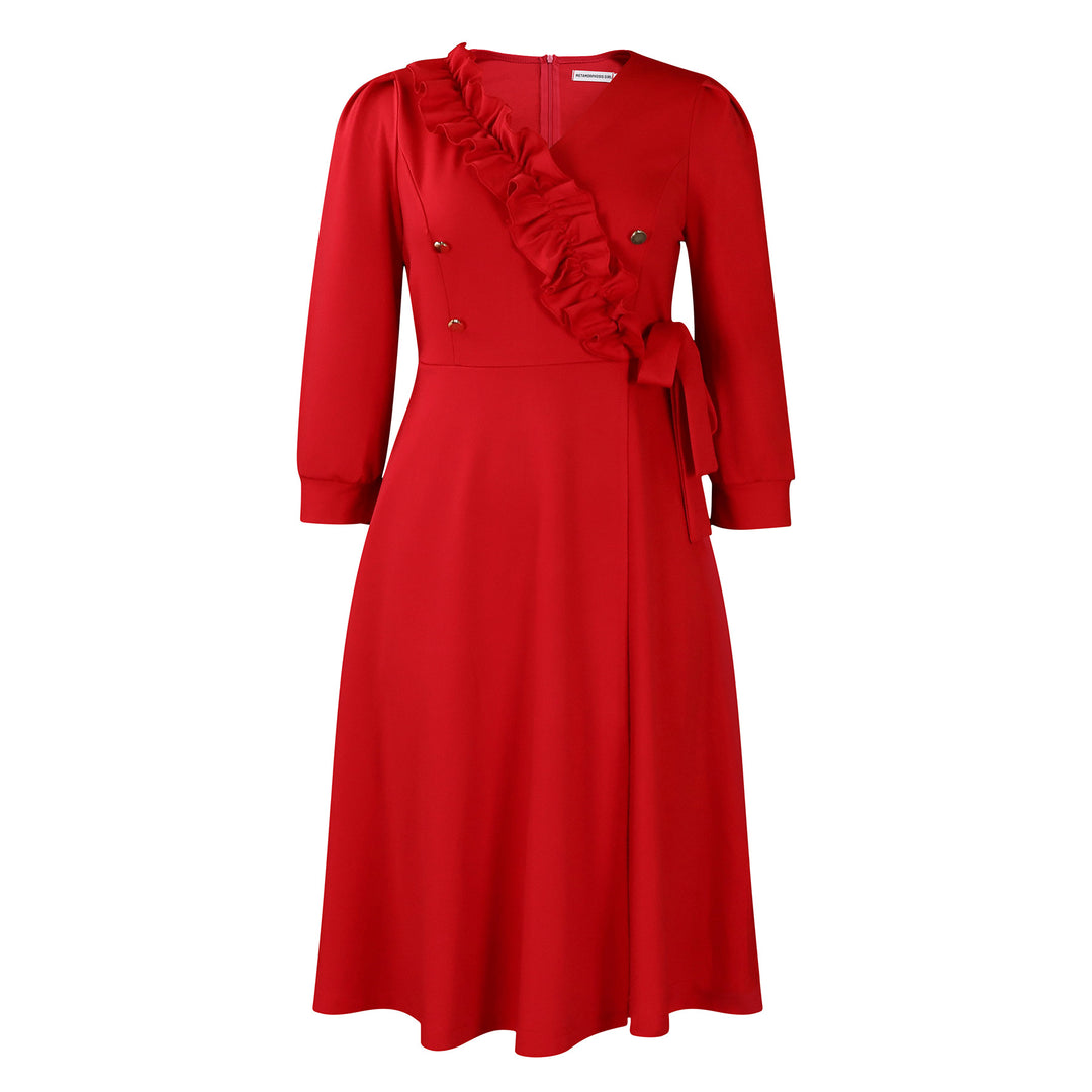 Damen Midikleid mit eleganter Rüschendetail und taillierter Silhouette Drune
