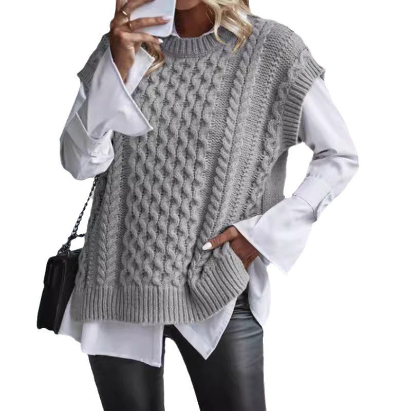 Damen Modischer Strickpullover mit luxuriösem Zopfmuster und ärmelloser Gestaltung Drune