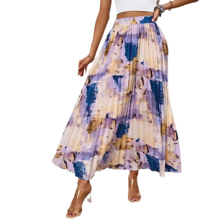 Damen Plissee-Rock mit farbenfrohem Aquarell-Muster und eleganter Taille Drune