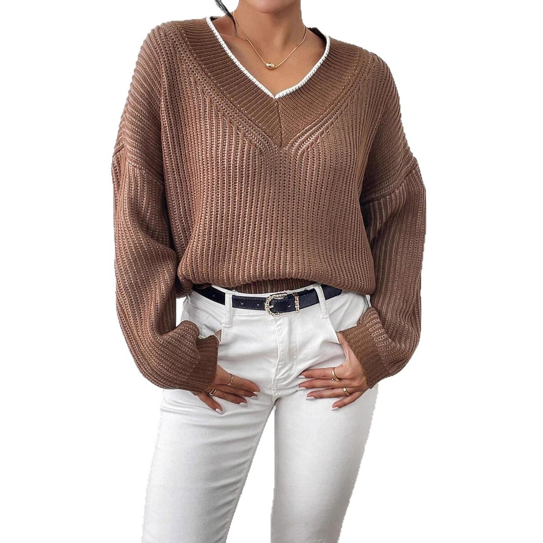 Damen Grobstrickpullover mit modernem V-Ausschnitt und trendigen Farbakzenten Drune