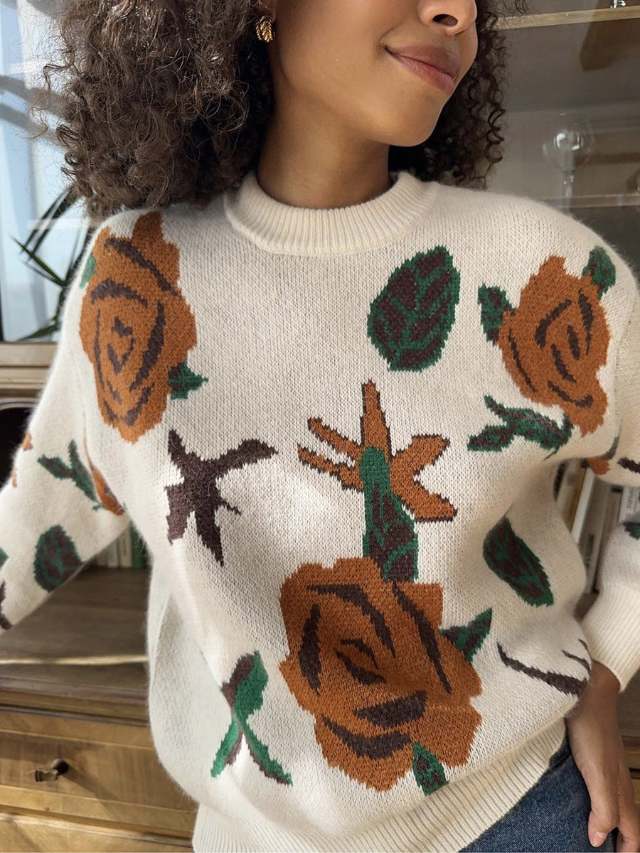 Damen Strickpullover mit floralem Muster Drune
