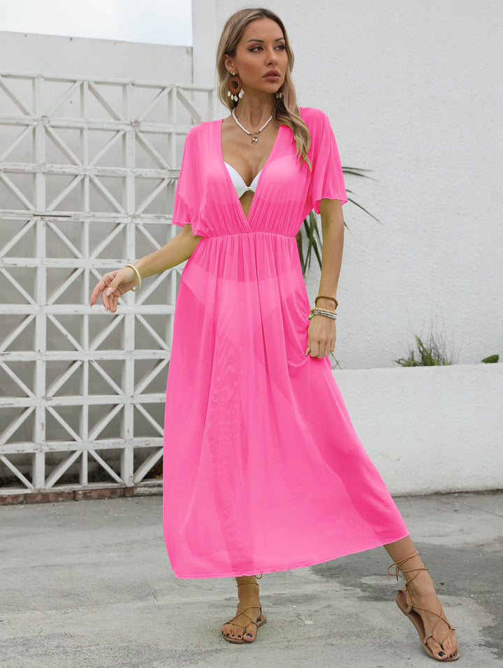 Damen elegantes Maxi-Kleid mit tiefem V-Ausschnitt und fließendem Rock Drune