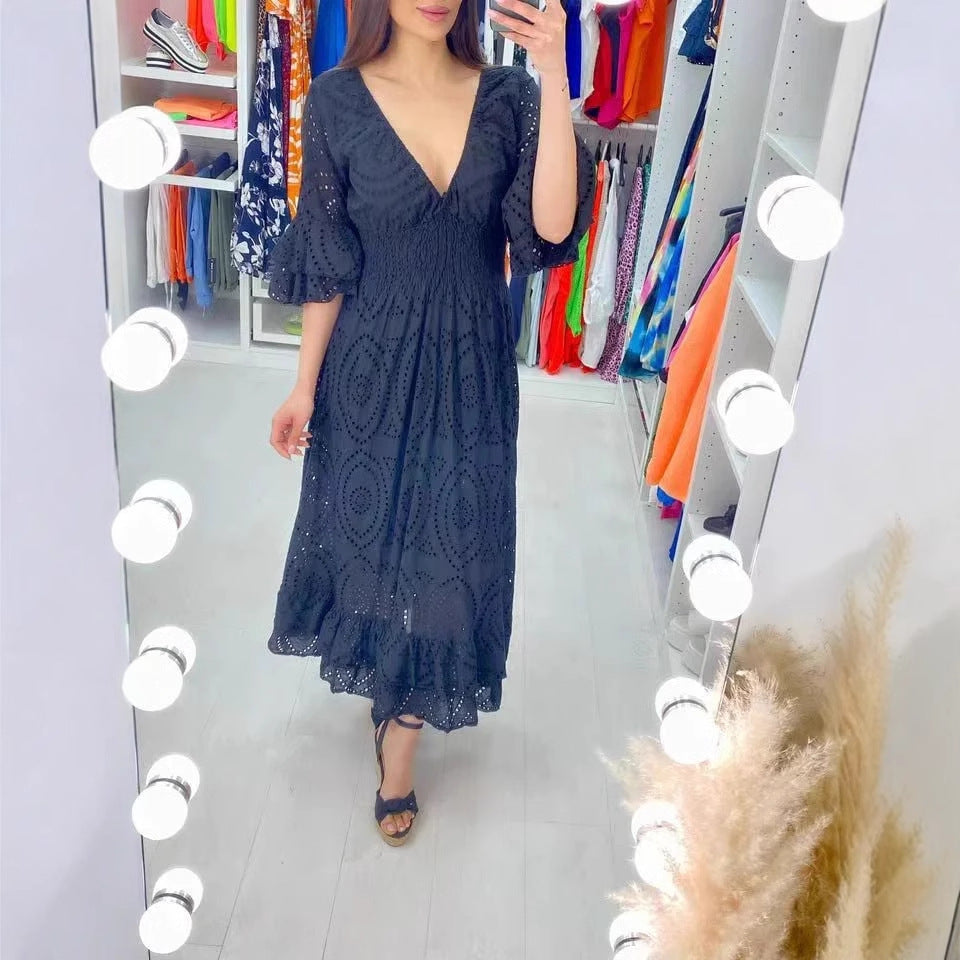 Damen Maxikleid mit floraler Lochstickerei und weiten Ärmeln Drune