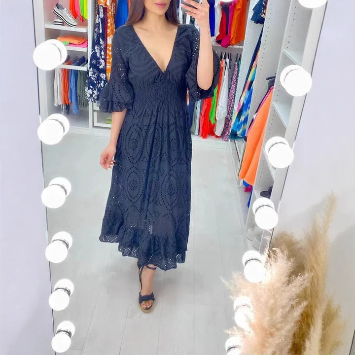 Damen Maxikleid mit floraler Lochstickerei und weiten Ärmeln Drune