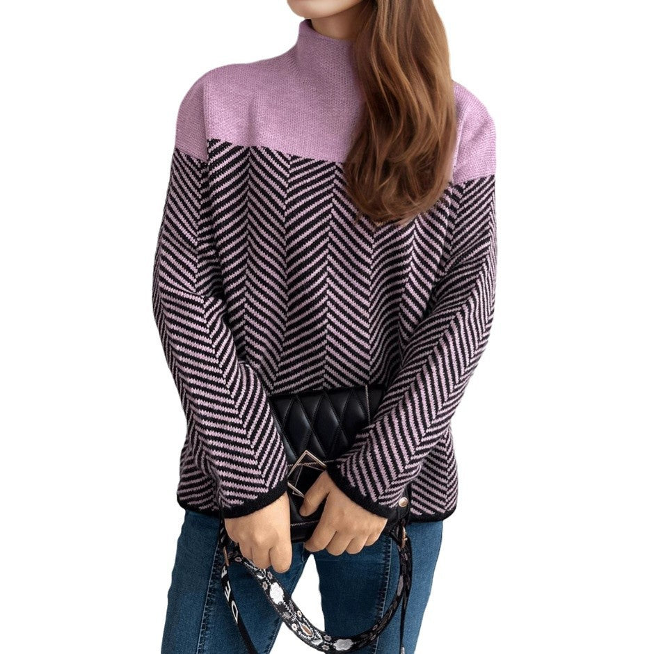 Damen gemütlicher Rollkragenpullover mit modernem Fischgrätenmuster und elastischen Bündchen Drune