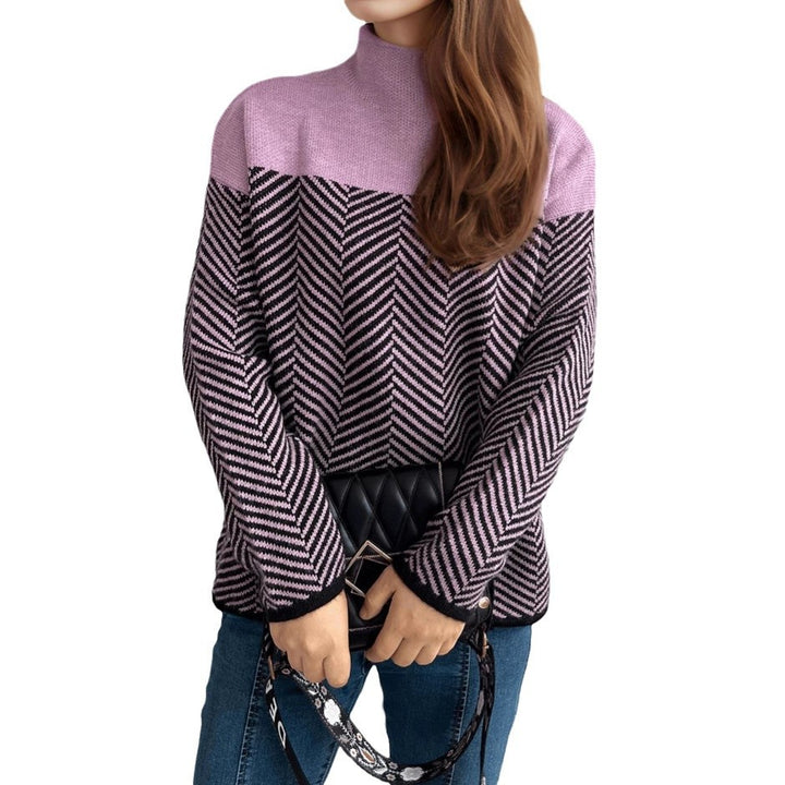 Damen gemütlicher Rollkragenpullover mit modernem Fischgrätenmuster und elastischen Bündchen Drune