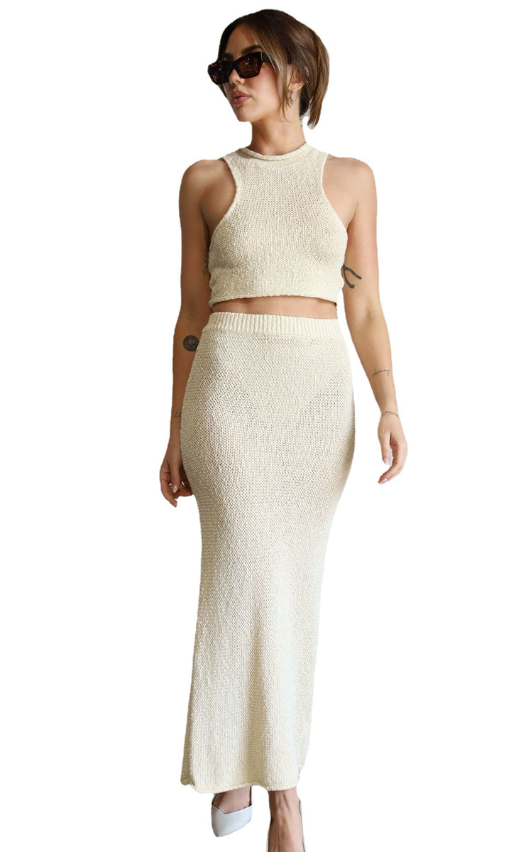 Damen elegantes Strick-Crop-Top und Maxirock-Set Drune