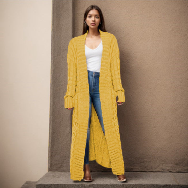 Damen langen Strickcardigan mit hochwertigem Zopfmuster Drune
