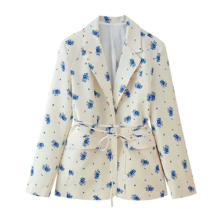 Damen taillierter Blazer mit floralem Muster und Bindegürtel Drune