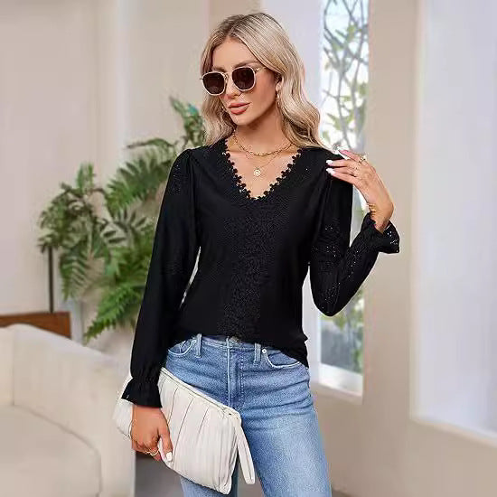 Damen elegante Bluse mit floralem Design und V-Ausschnitt Drune