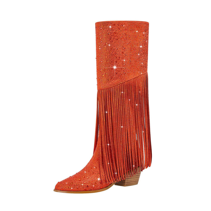 Damen Stiletto Fransen Strass Stiefel Drune