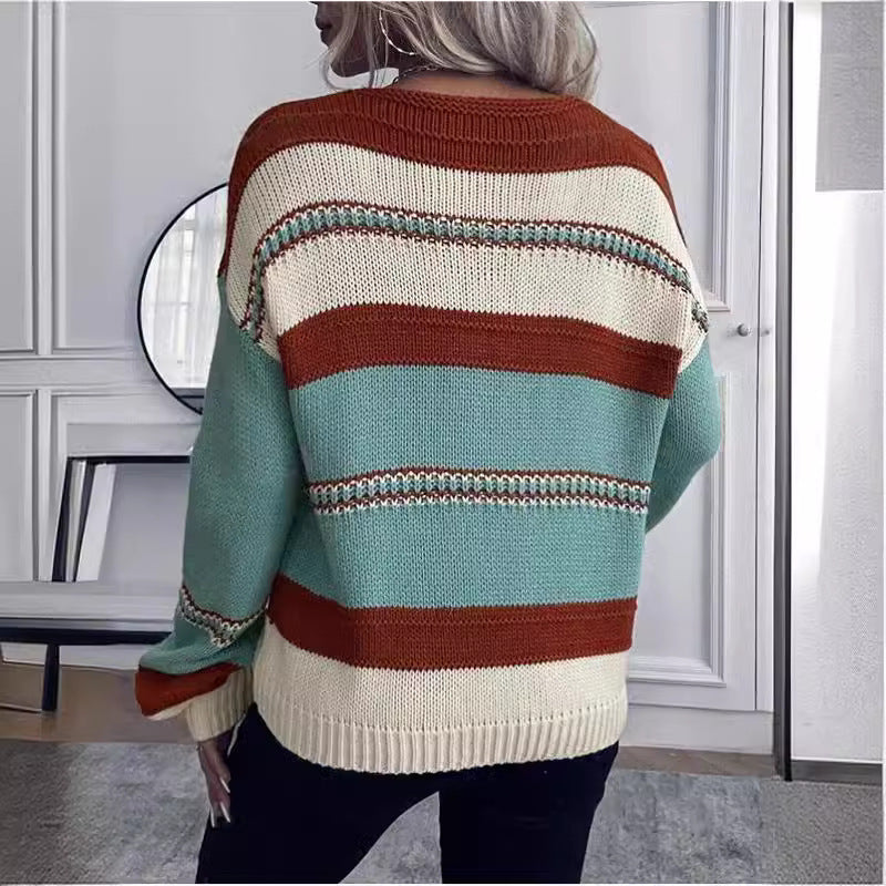 Damen Freizeitpullover mit V-Ausschnitt und großen Streifen Drune