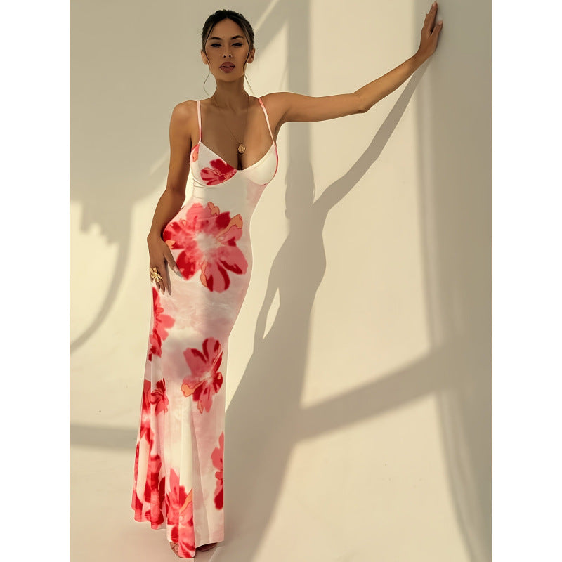 Damen Maxikleid mit zarten Spaghettiträgern und floralem Design Drune