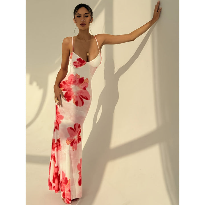 Damen Maxikleid mit zarten Spaghettiträgern und floralem Design Drune