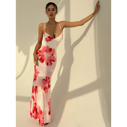 Damen Maxikleid mit zarten Spaghettiträgern und floralem Design Drune