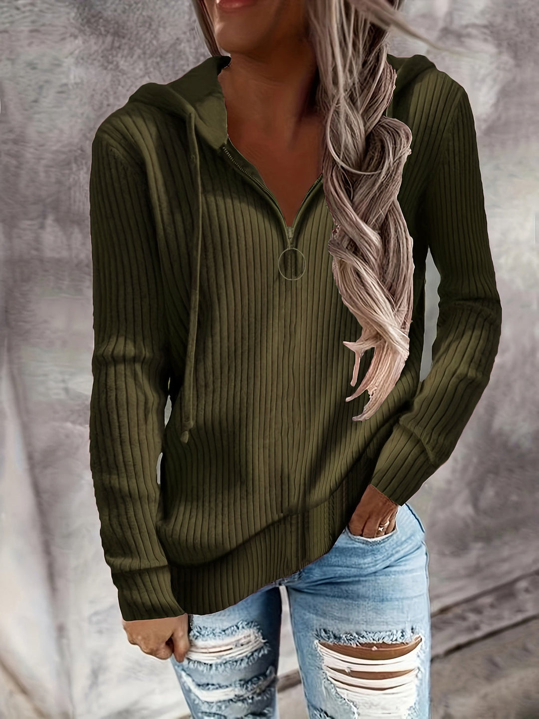 Damen lässiger Zip-Hoodie mit strukturiertem Rippmuster Drune