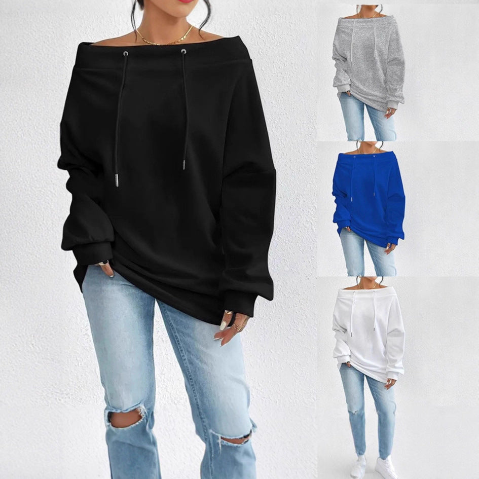 Damen lässiger Oversized-Pullover mit offenem Kragen und praktischen Kordelzügen Drune