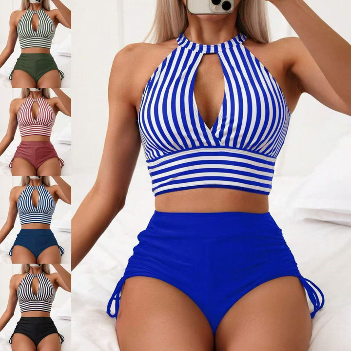 Damen Triangel-Bikini-Set mit gestreiftem Oberteil und hohem Bund Drune